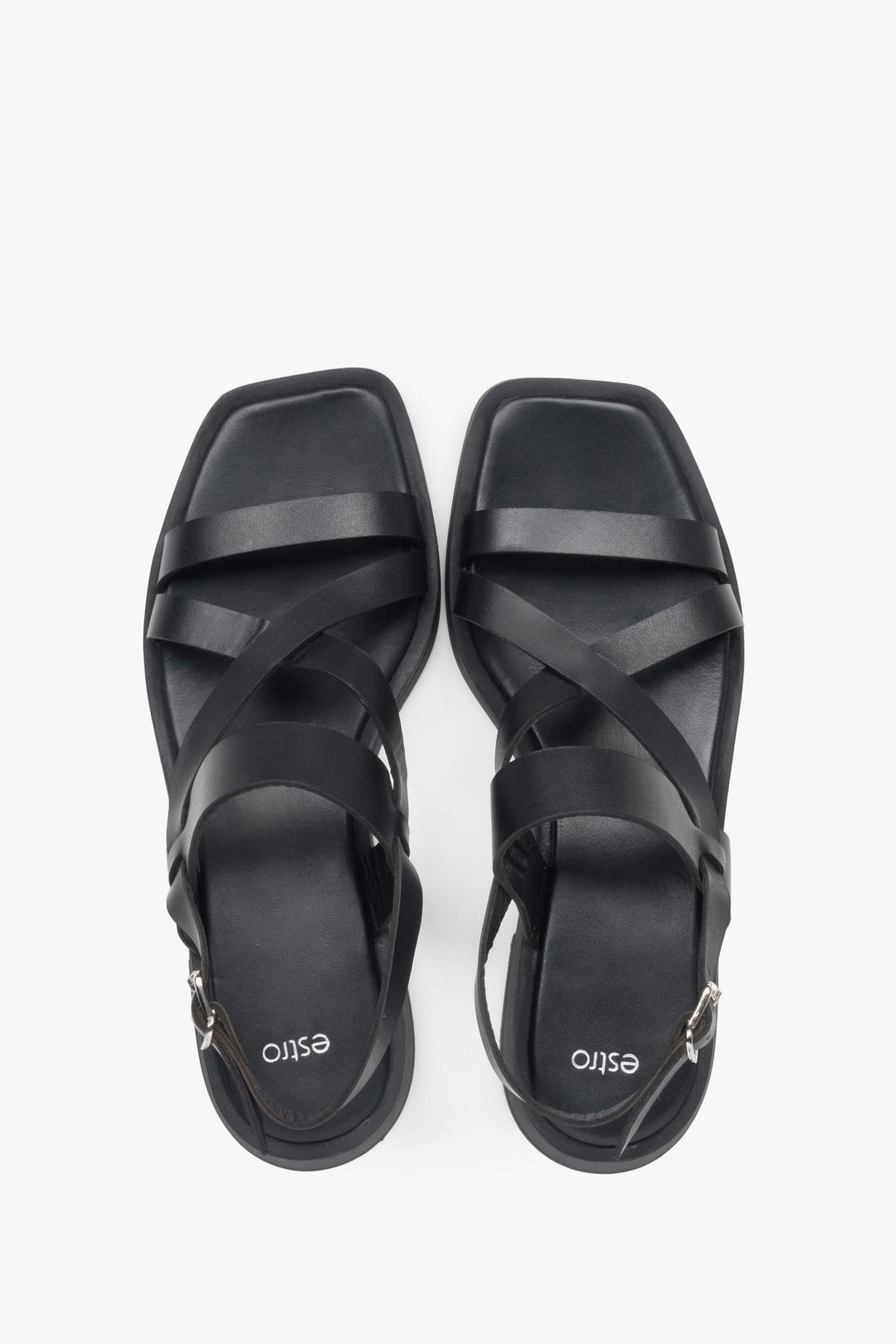 Black natural leather sandals by Estro, perfect for summer, featuring a subtle design with thin straps.
