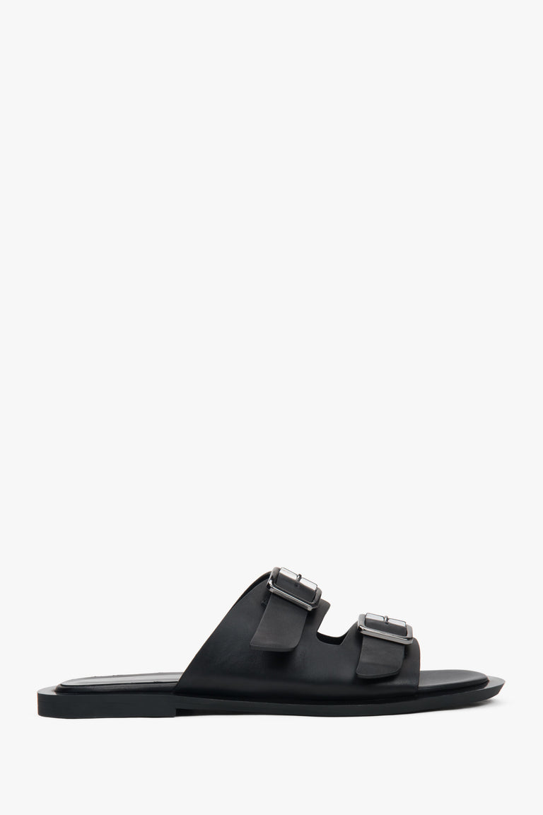 Women's Black Leather Slides with Two Straps Estro ER00117371.