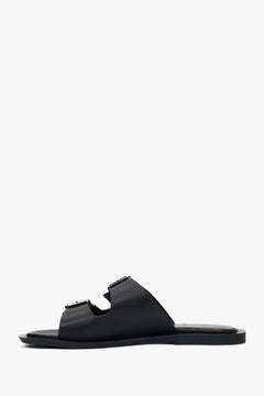 Comfortable black women's slides by Estro, made of high-quality natural leather and featuring two wide straps.