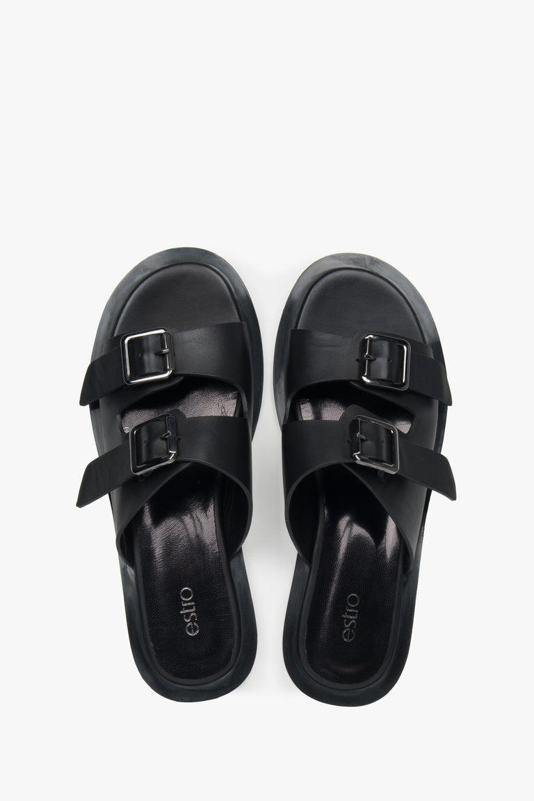 Black leather women's slides by Estro, perfect for summer, featuring a classic two-strap design.
