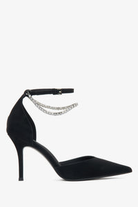 Women's Black Pointed Toe Pumps with Crystals made of Textured Leather Estro ER00115849.