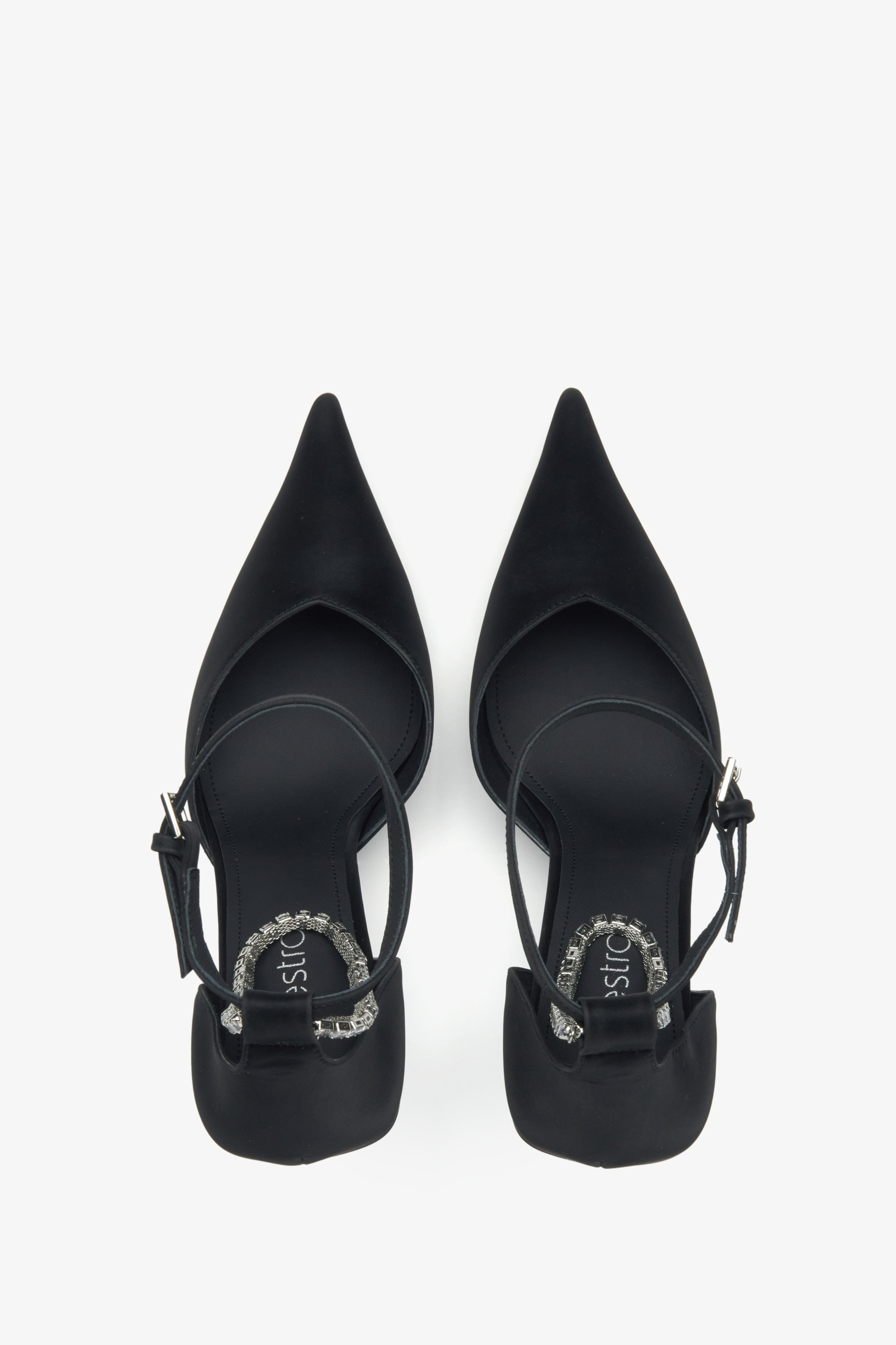 Stylish black pumps with crystals and textured leather by Estro – top view presentation.
