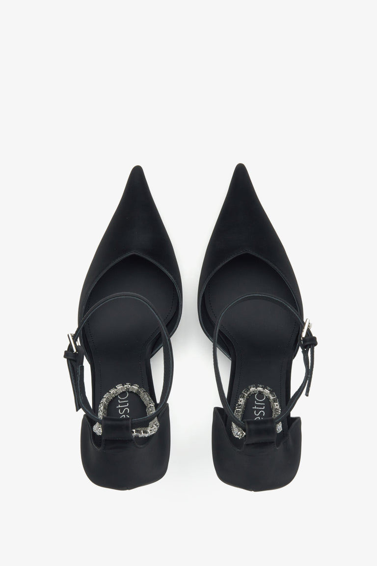 Stylish black pumps with crystals and textured leather by Estro – top view presentation.