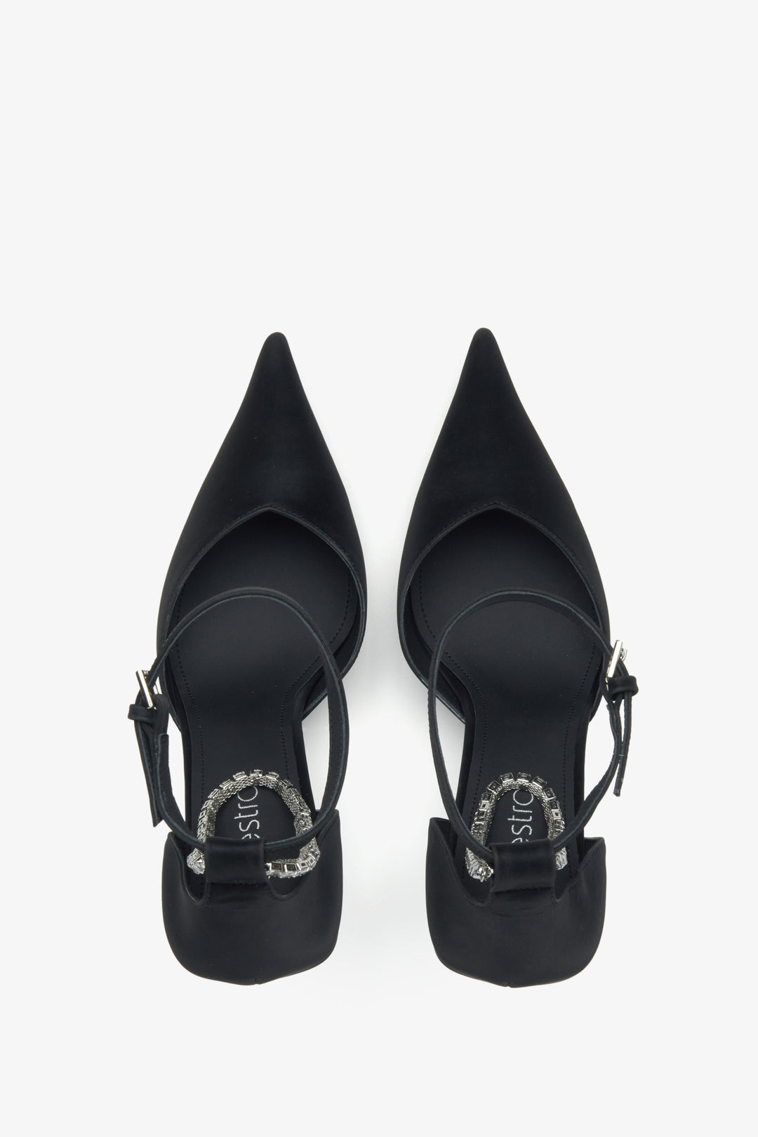 Stylish black pumps with crystals and textured leather by Estro – top view presentation.