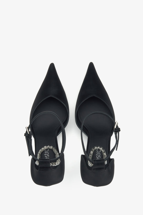 Stylish black pumps with crystals and textured leather by Estro – top view presentation.