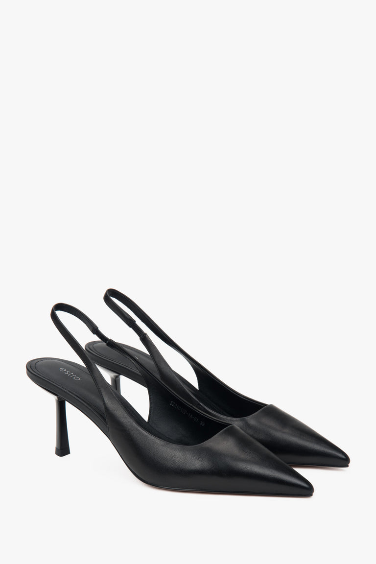 Elegant black women's pumps by Estro, with a chic slingback design and a slim high heel.