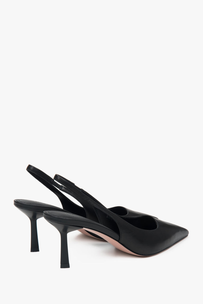 Classic black slingback pumps by Estro with a high heel – a symbol of elegance and femininity, close-up of the heel.