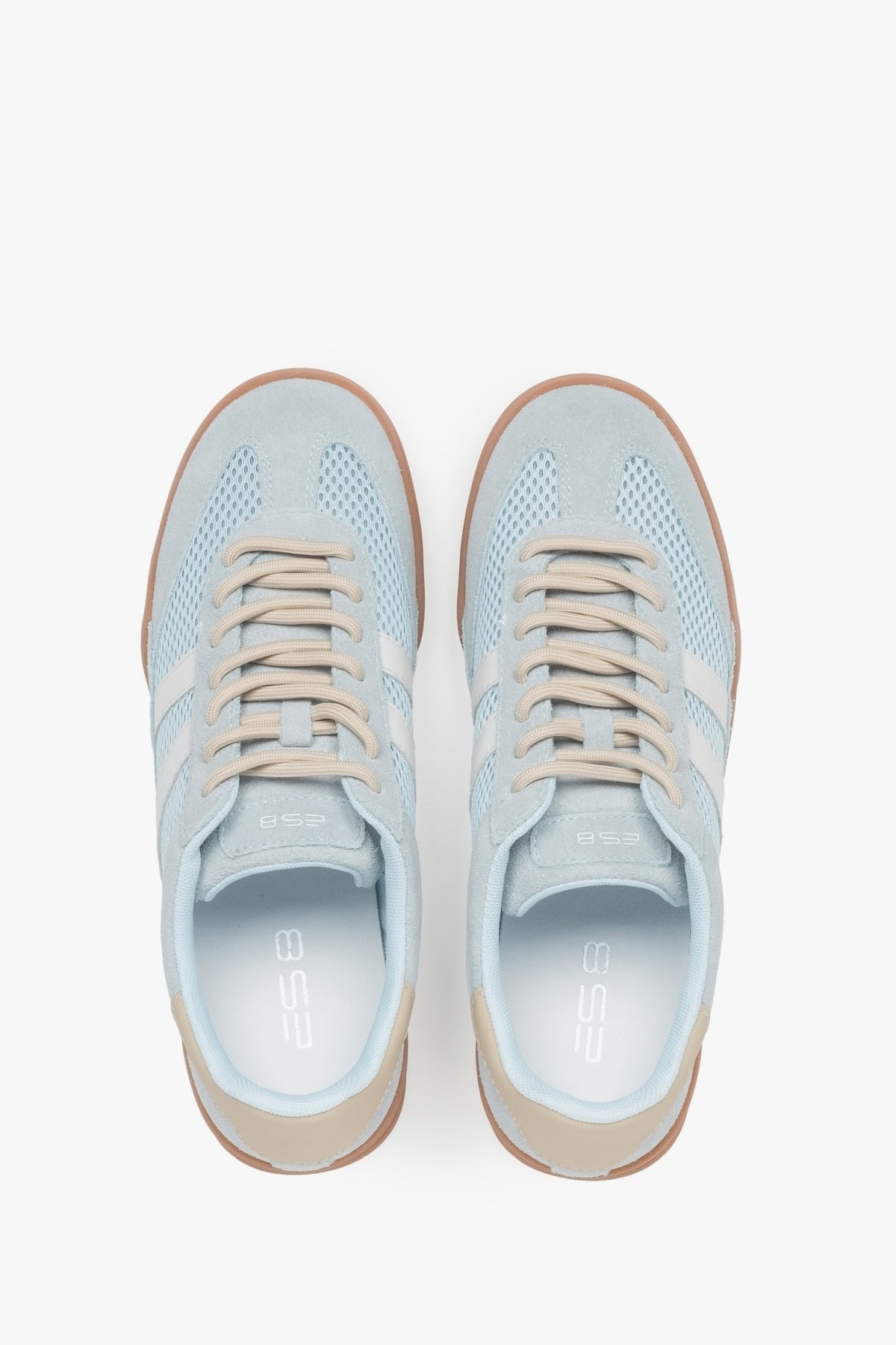 Lightweight blue women's sneakers made of mesh and velour – top view presentation.