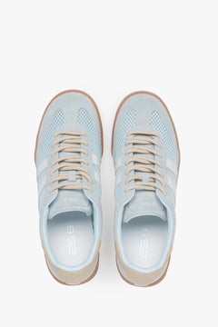 Lightweight blue women's sneakers made of mesh and velour – top view presentation.