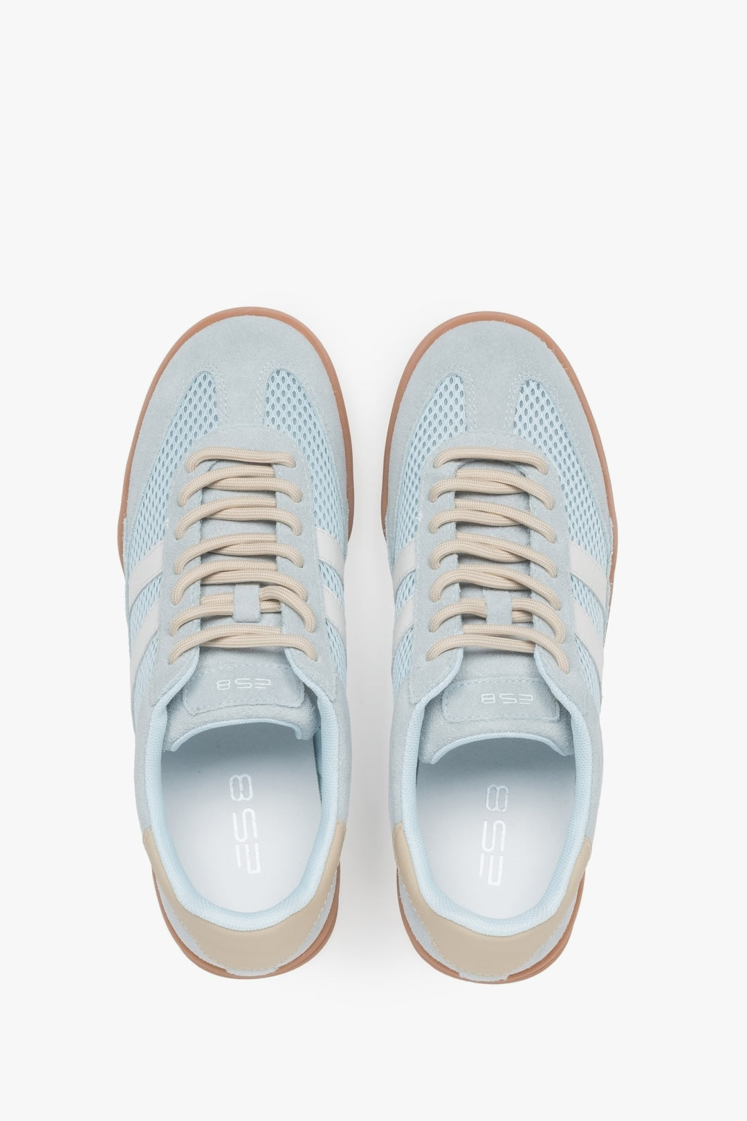 Lightweight blue women's sneakers made of mesh and velour – top view presentation.