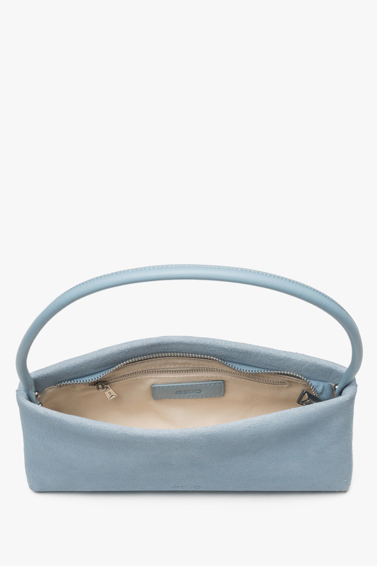 Women's bag by Estro, made of natural velour in a blue shade, perfect for wearing on the shoulder.