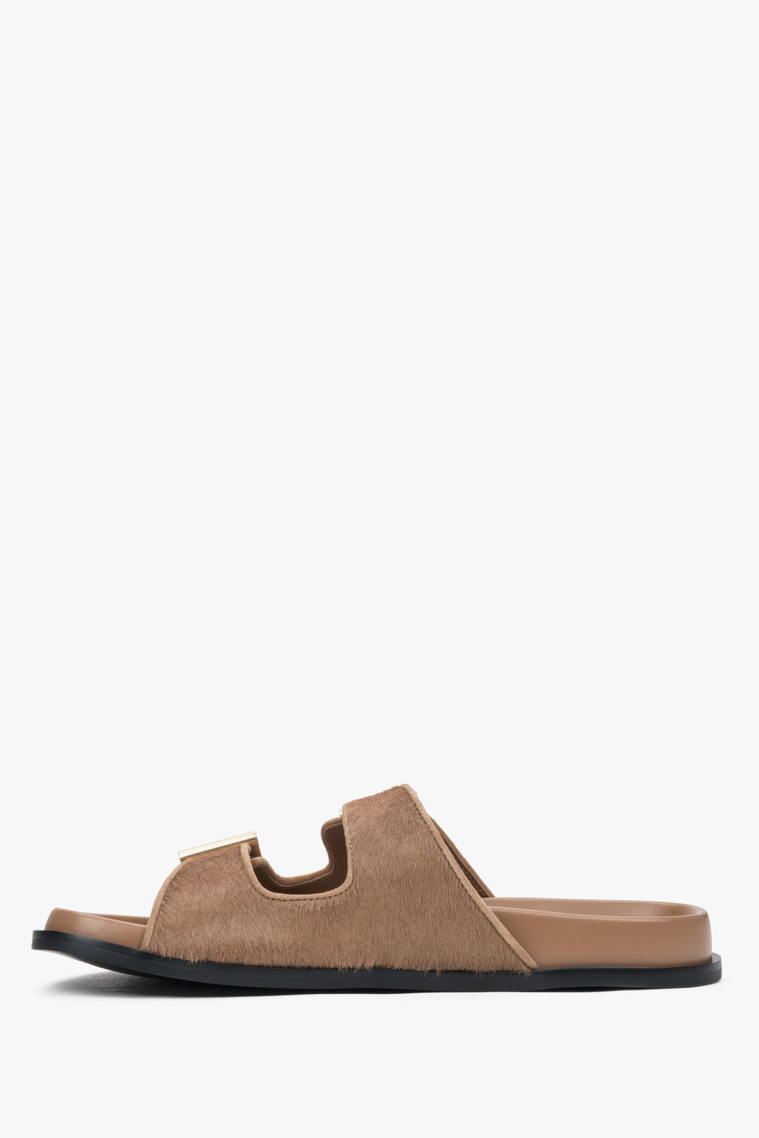 Stylish brown women's slides by Estro, crafted from high-quality natural leather, featuring wide adjustable straps.