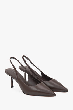 Dark brown women's slingback pumps by Estro, with a chic design and a slim, high heel.