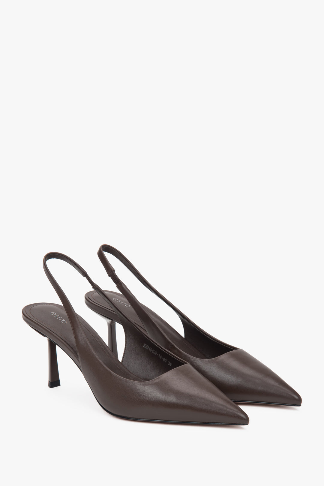 Dark brown women's slingback pumps by Estro, with a chic design and a slim, high heel.