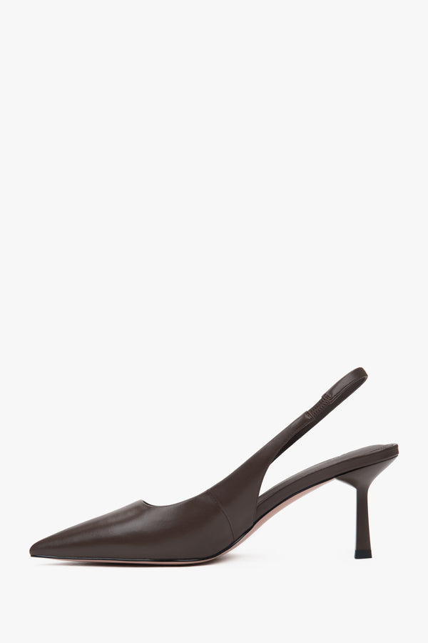 Stylish women's slingback pumps by Estro in a deep brown shade, set on an eye-catching high heel.