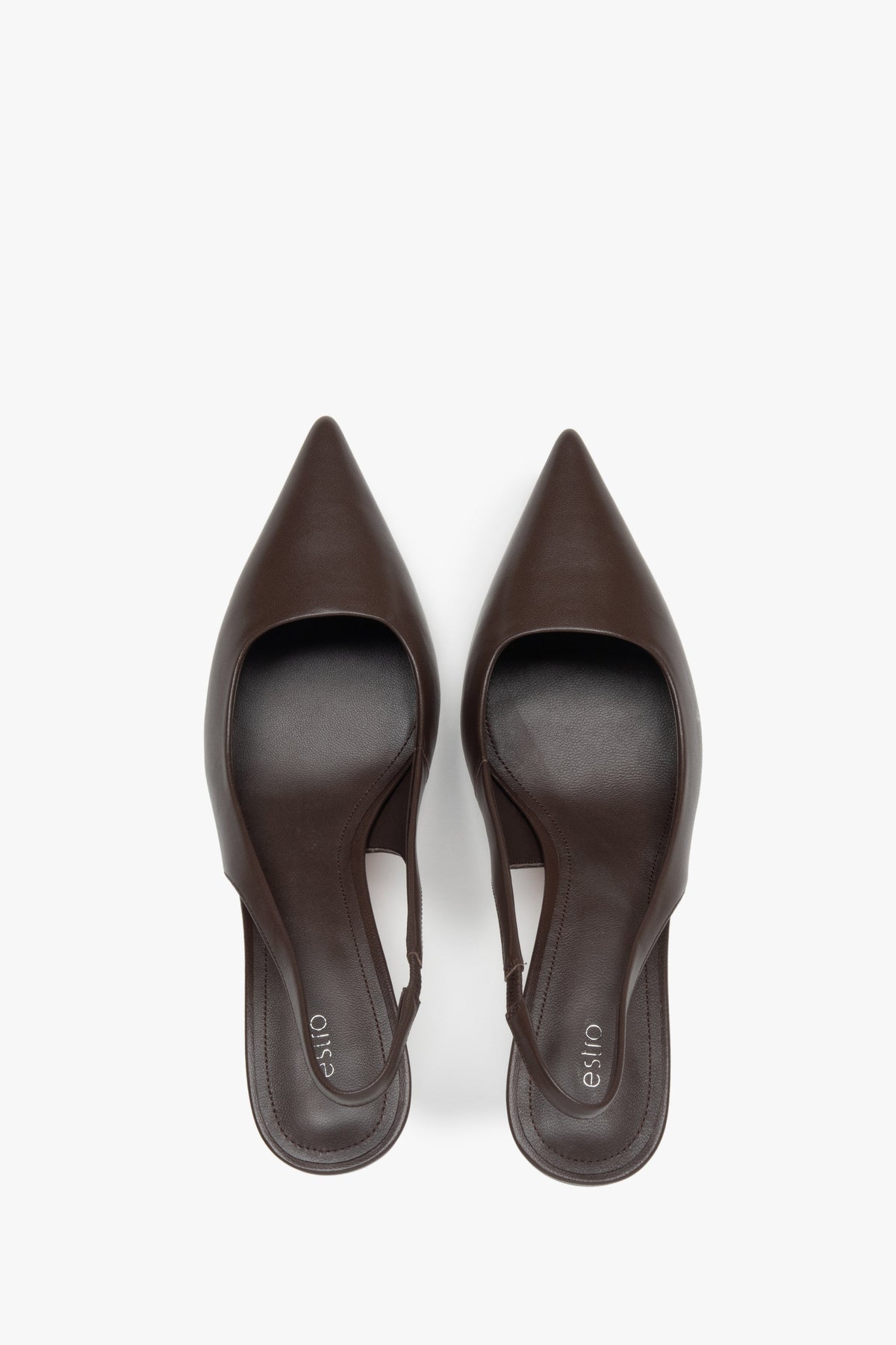 Timeless dark brown slingback pumps by Estro, featuring a slimming high heel – top view presentation.