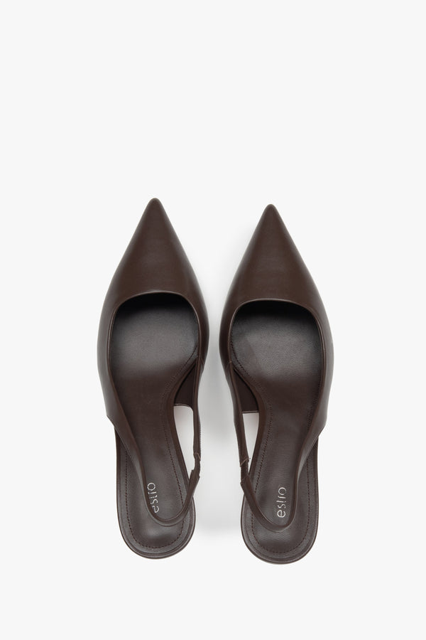 Timeless dark brown slingback pumps by Estro, featuring a slimming high heel – top view presentation.