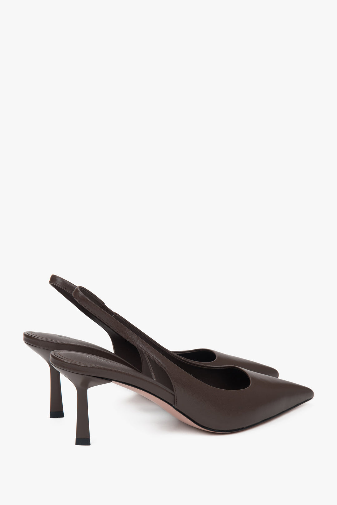 Classic dark brown women's slingback pumps by Estro, with a high heel.