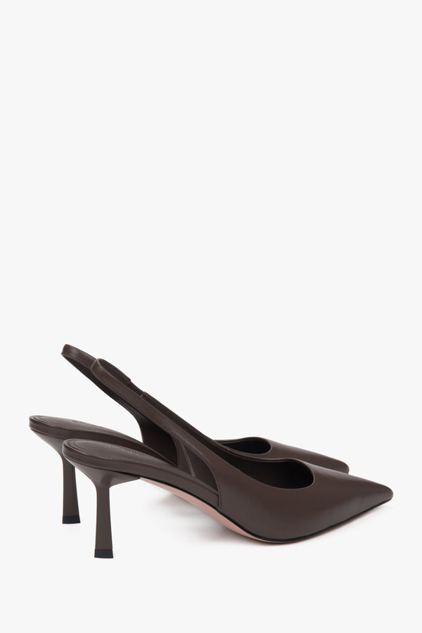 Classic dark brown women's slingback pumps by Estro, with a high heel.