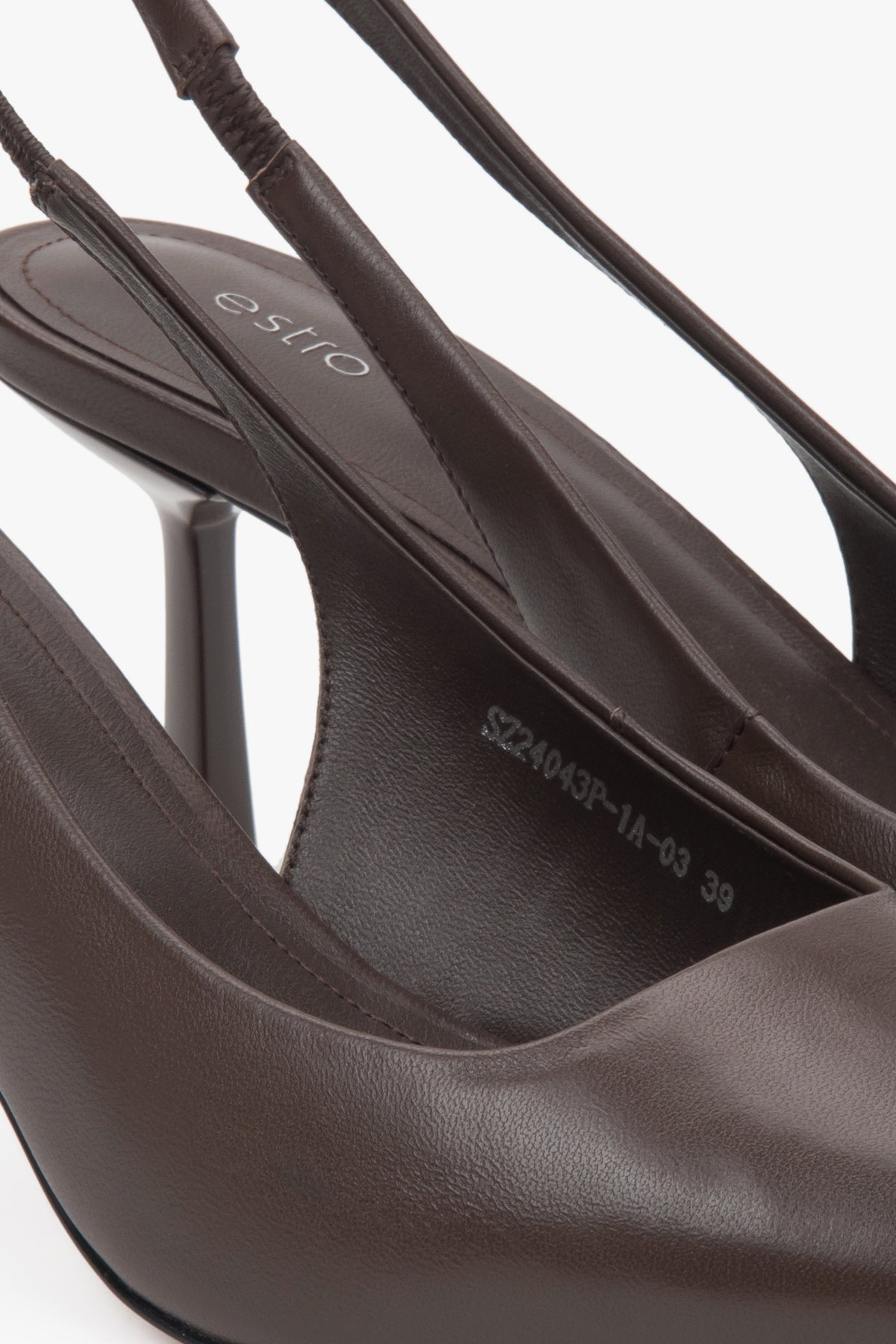 Dark brown slingback pumps with a high heel by Estro – close-up of the details.