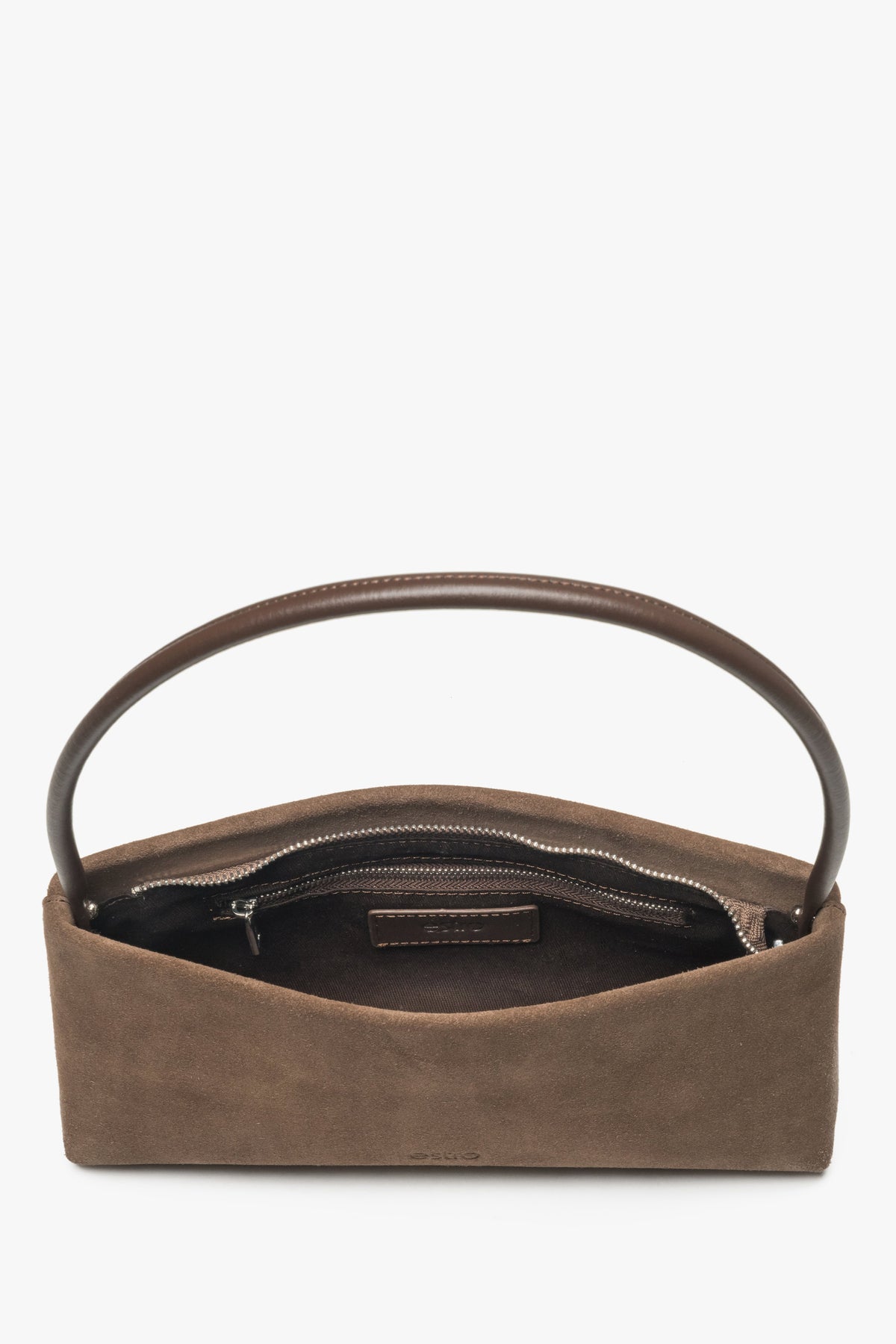 Women's bag by Estro, made of natural velour in a brown shade, perfect for wearing on the shoulder.
