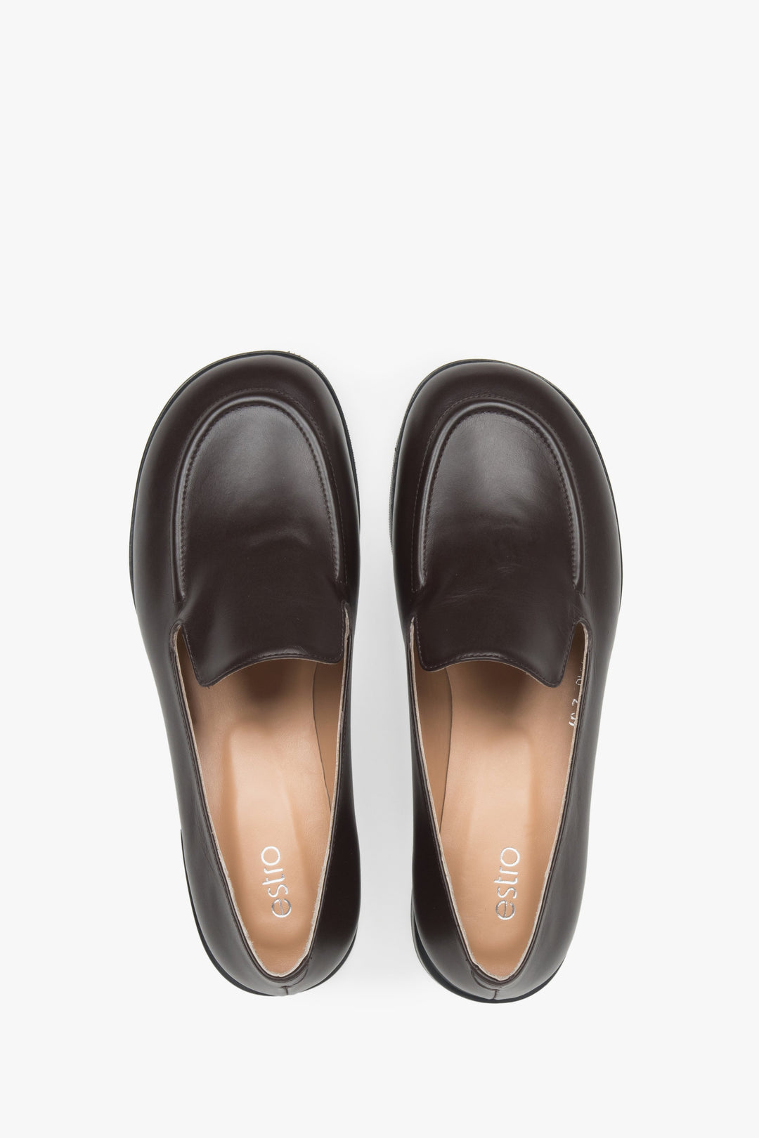 Timeless dark brown leather loafers by Estro – top view presentation.