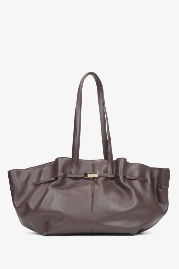 Women's Dark Brown Leather Shoulder Bag with Long Handles Estro ER00116611.