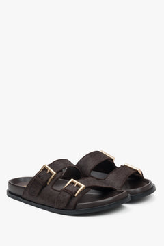 Comfortable dark brown women's slides by Estro, made of natural leather, with wide adjustable straps for a perfect fit.