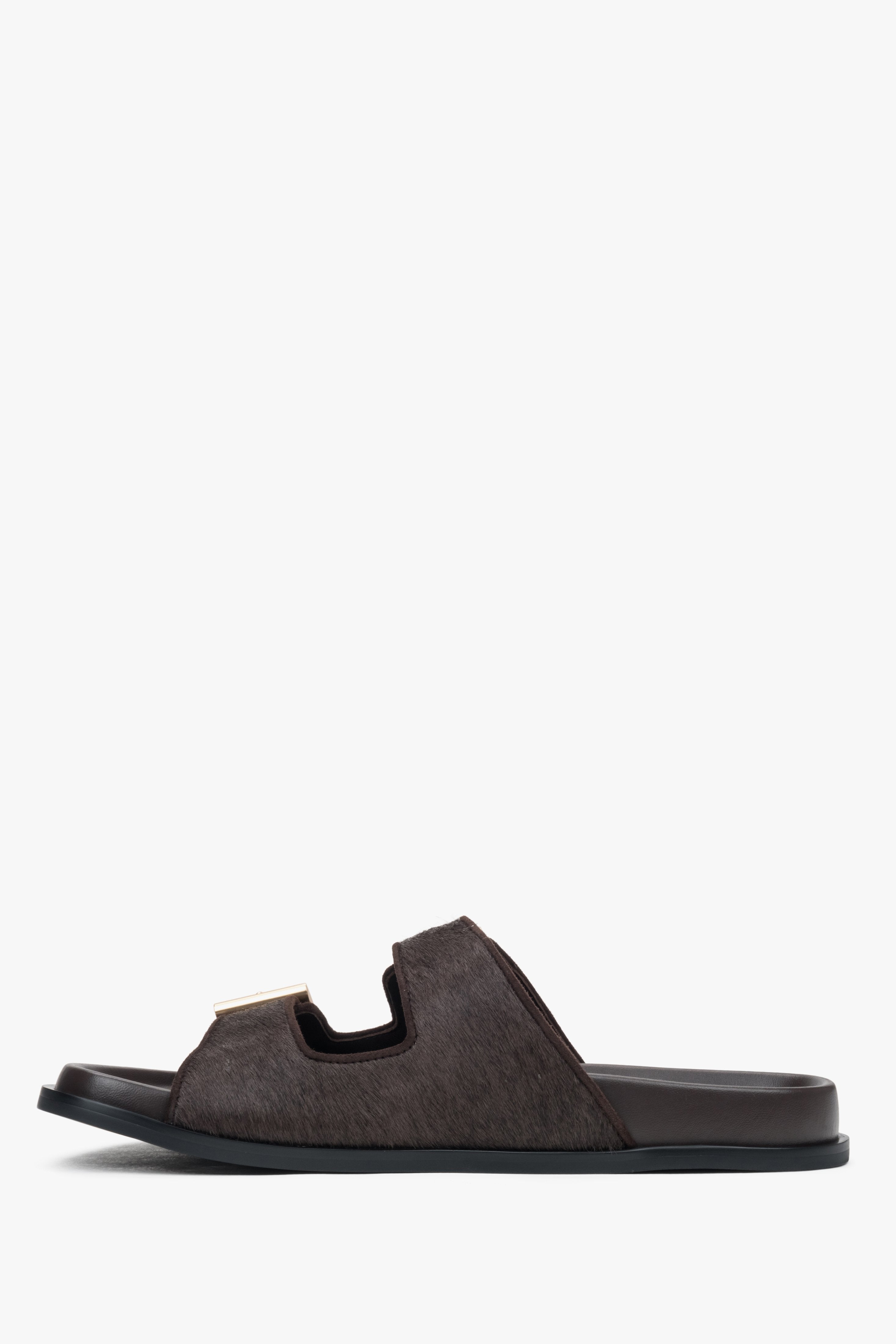 Stylish dark brown women's slides by Estro, crafted from high-quality natural leather, featuring wide adjustable straps.