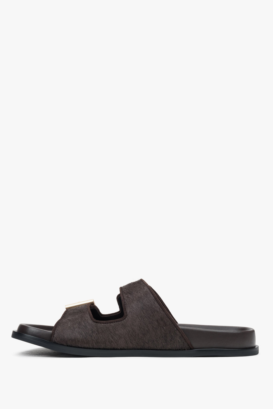 Stylish dark brown women's slides by Estro, crafted from high-quality natural leather, featuring wide adjustable straps.