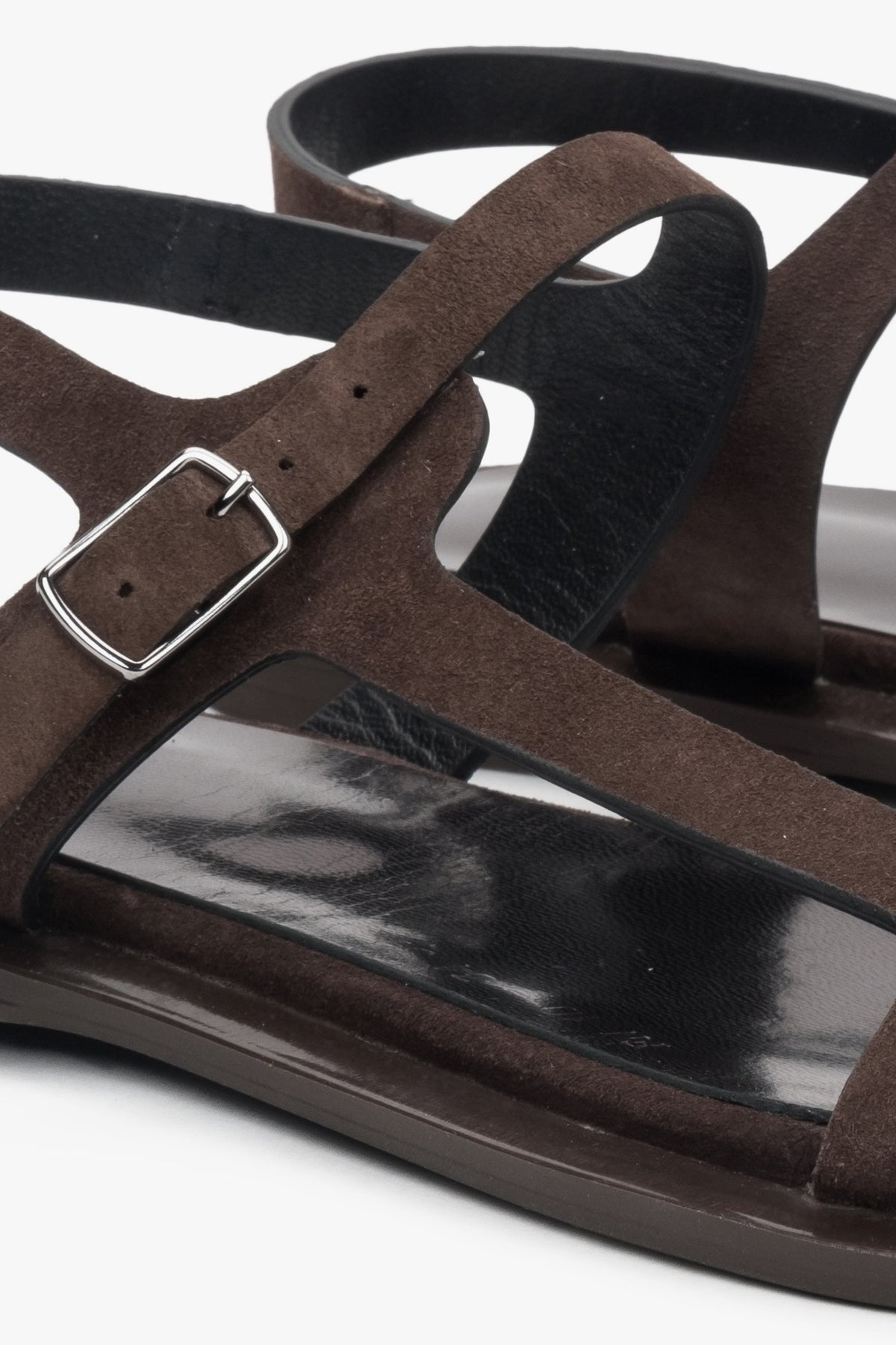Dark brown suede women's sandals by Estro – details.