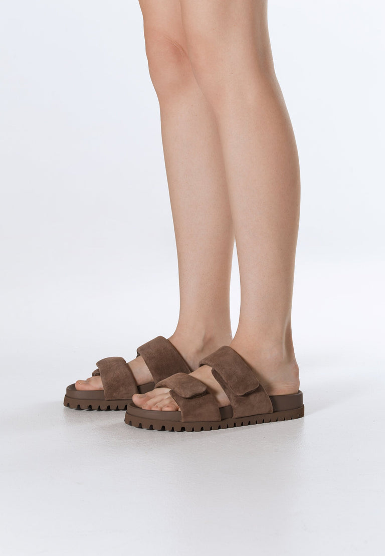 Dark brown velour slides by Estro, perfect for summer – on-foot presentation.