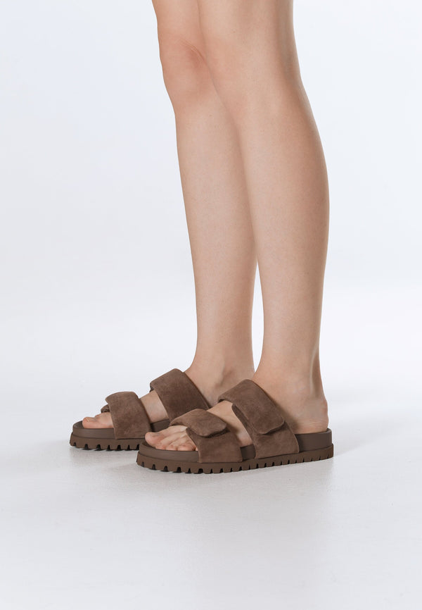 Dark brown velour slides by Estro, perfect for summer – on-foot presentation.