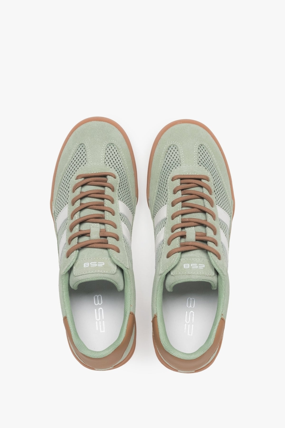 Lightweight green women's sneakers made of mesh and velour – top view presentation.
