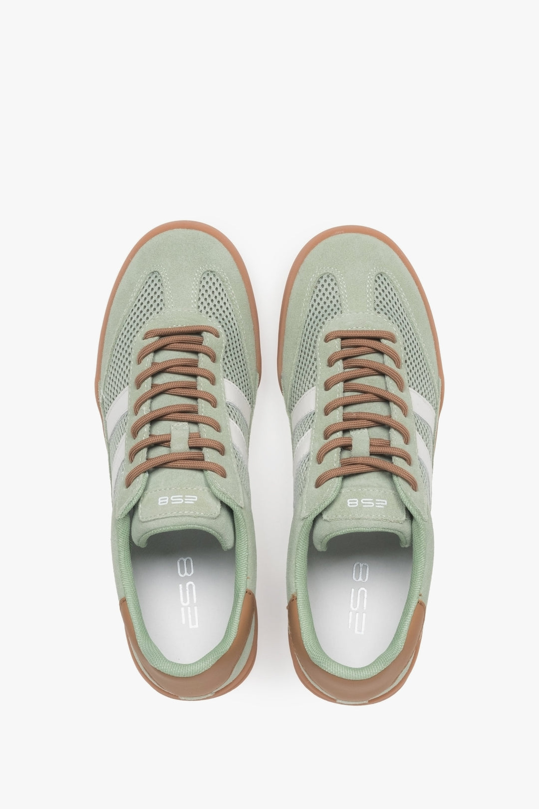 Lightweight green women's sneakers made of mesh and velour – top view presentation.