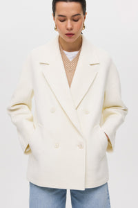 Women's Short Double-Breasted White Coat with Wool Estro ER00117054.