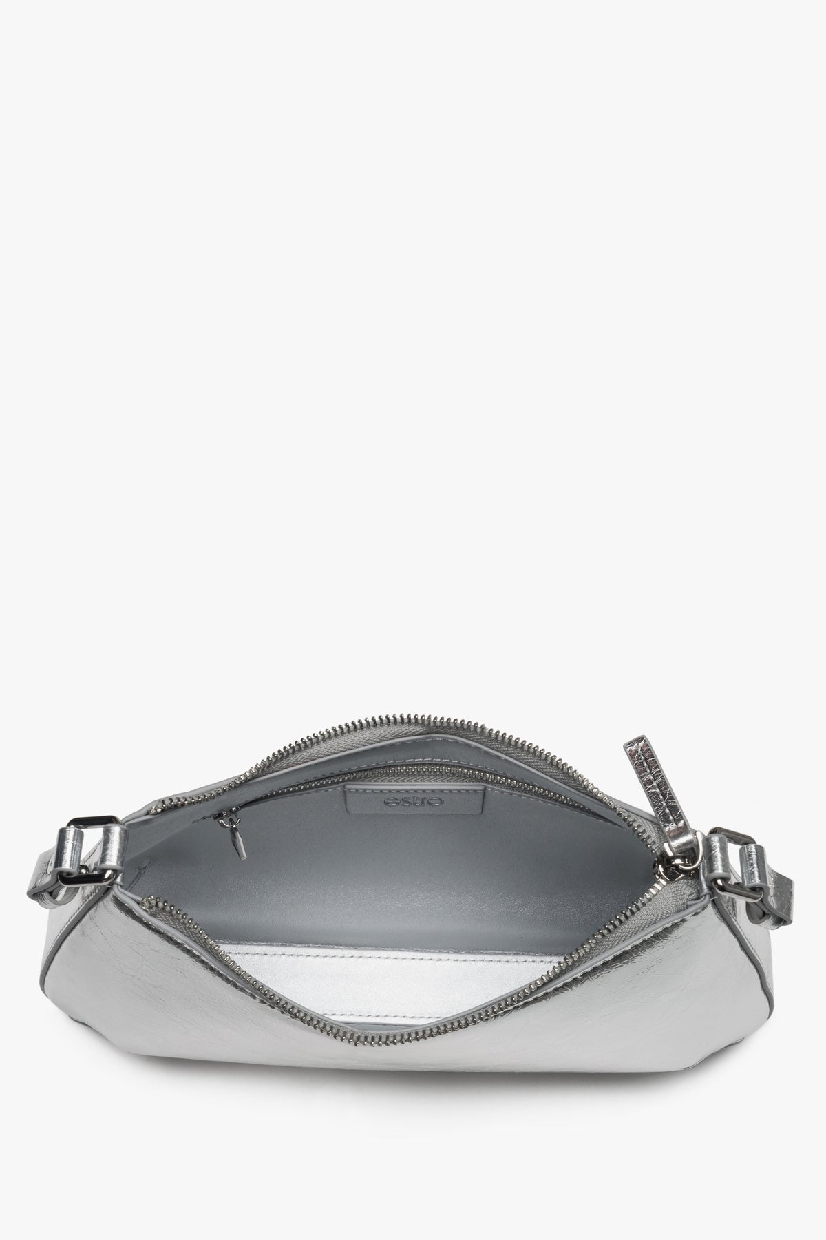 Silver women's baguette handbag made of leather by Estro.