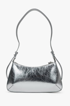 Silver leather women's baguette handbag by Estro.