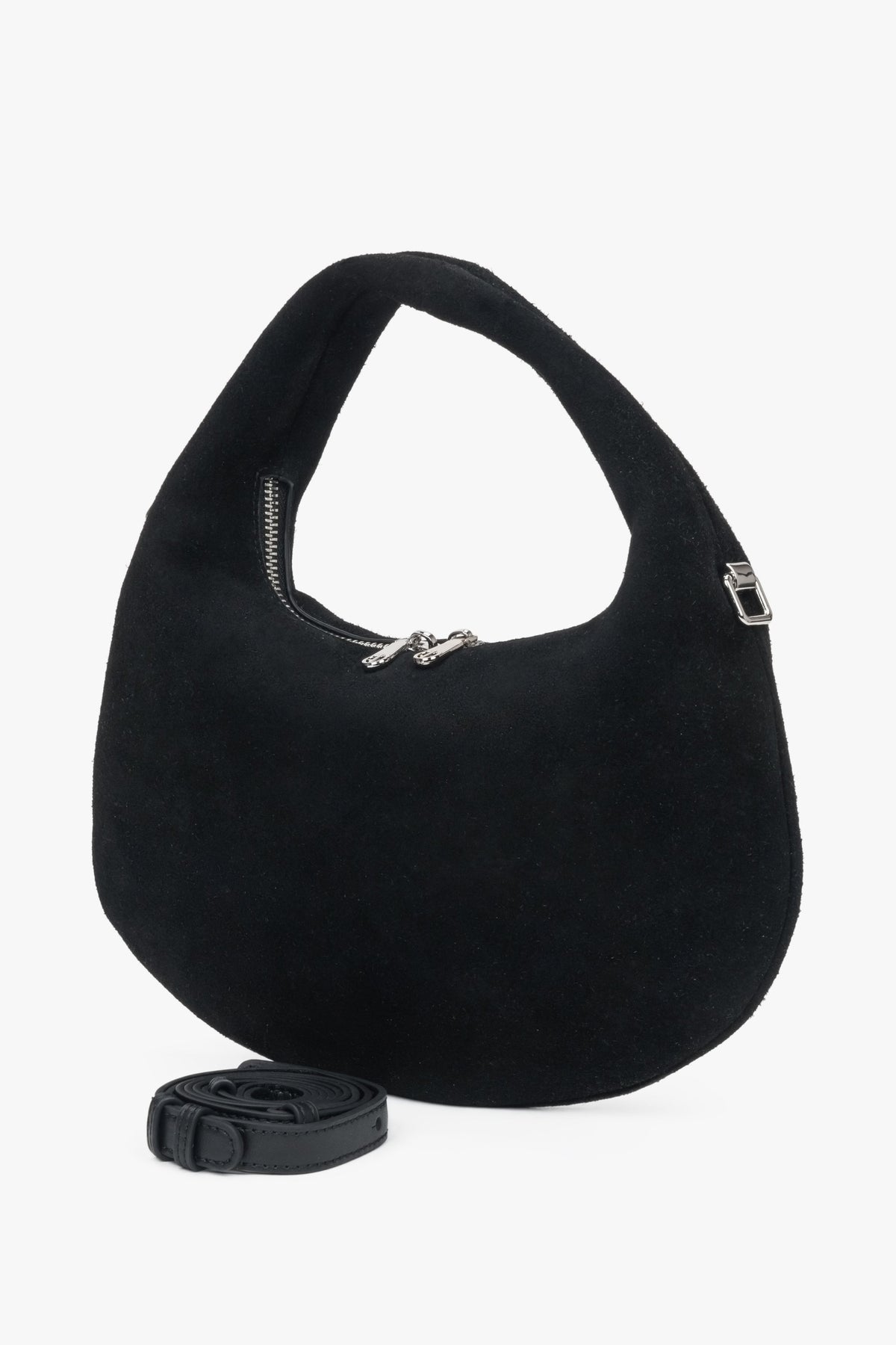 Black hand-held handbag made of natural velour.