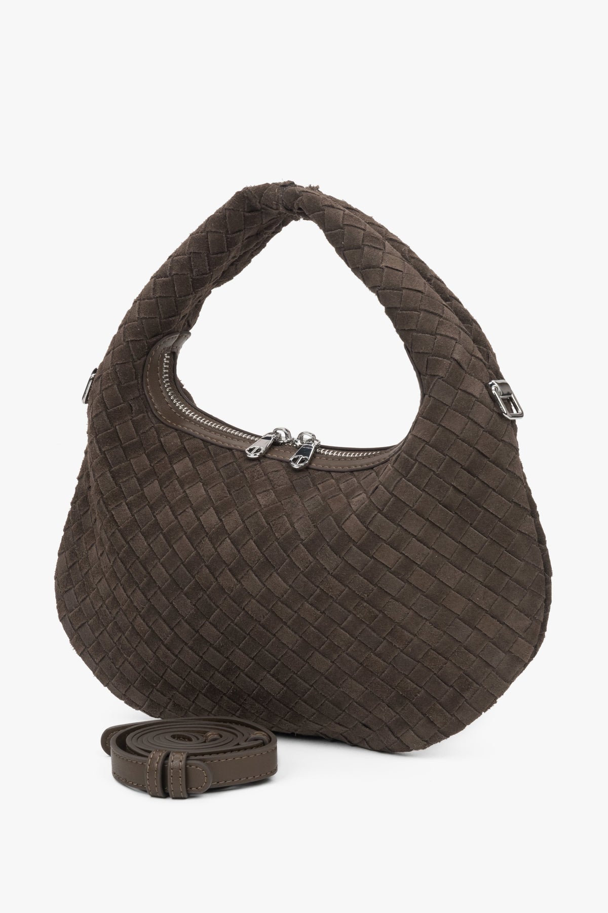 Brown hand-held handbag made of natural velour.