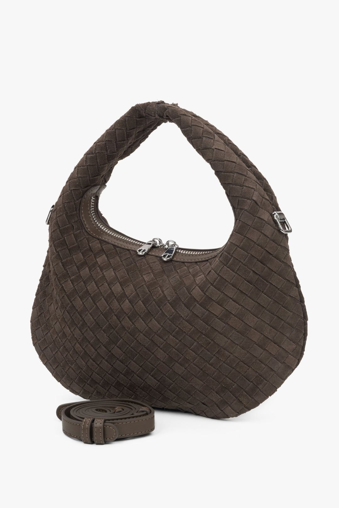 Brown hand-held handbag made of natural velour.