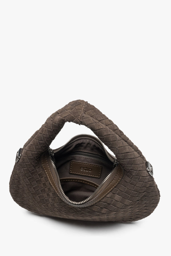 Small brown handbag by Estro, made of natural velour.