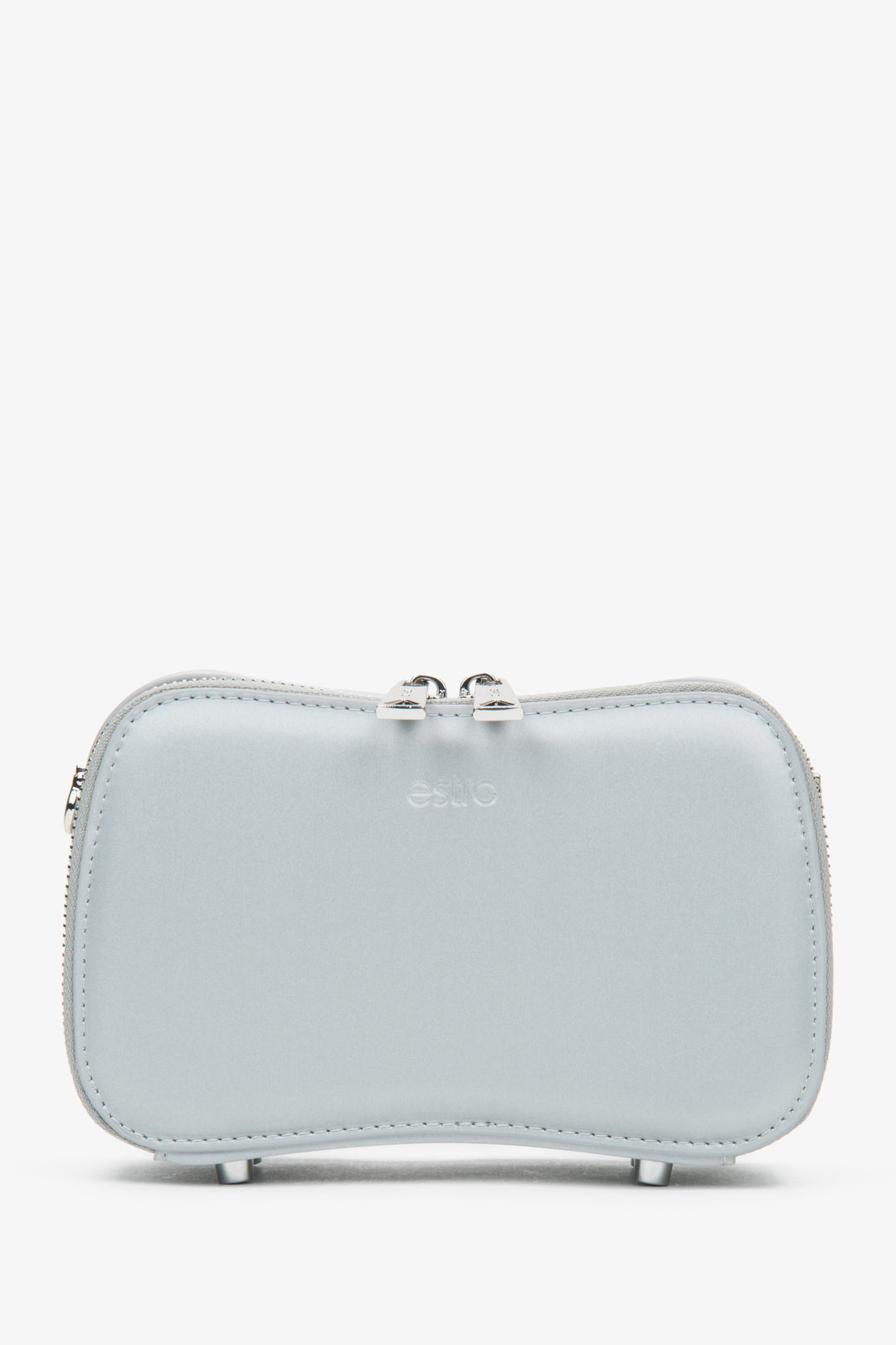 Stylish silver women's handbag by Estro, in a compact size, worn on a chain.