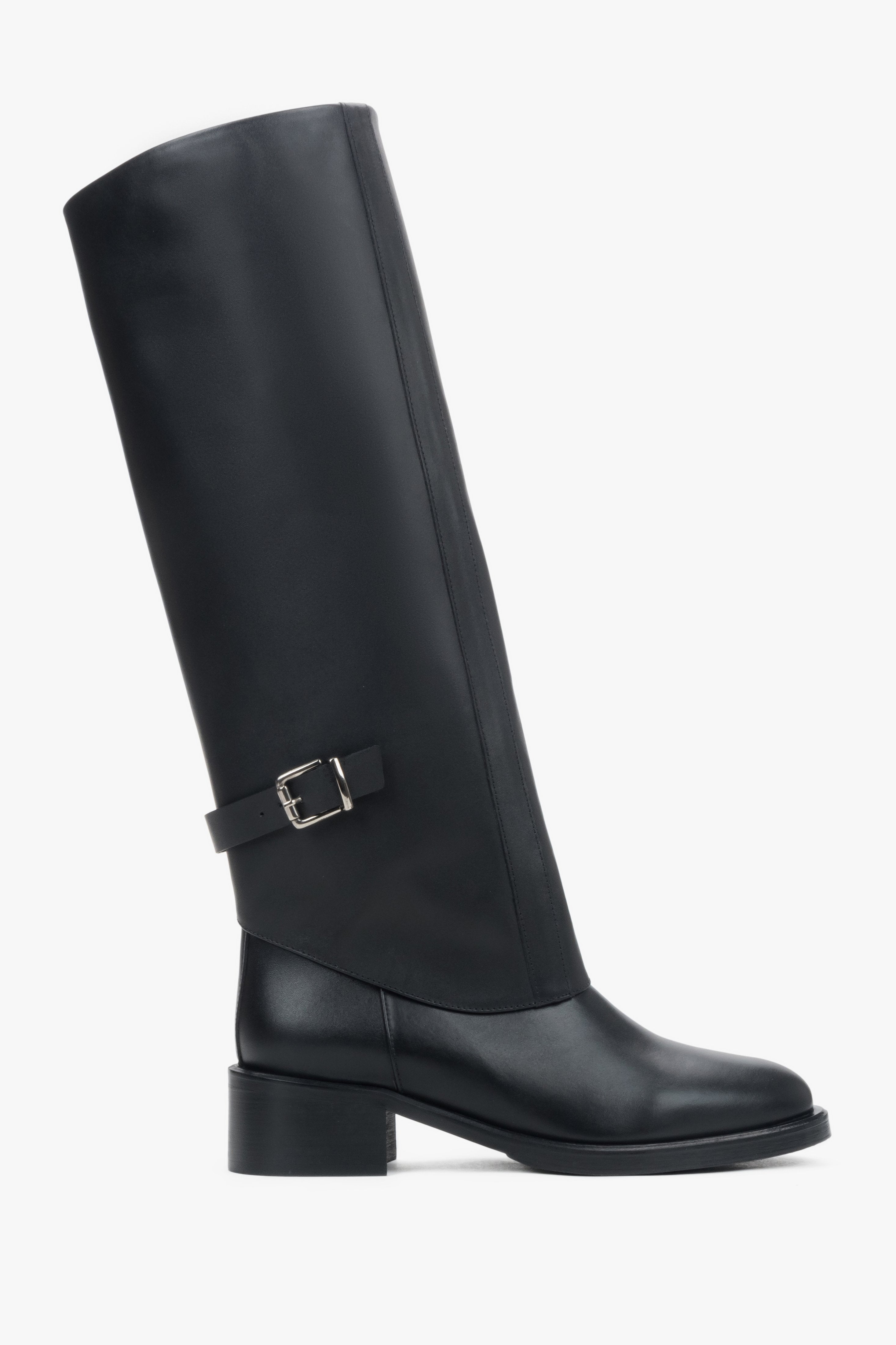 Women’s 2-in-1 Black Leather Ankle and Knee-High Boots with Decorative Buckle Estro ER00118739.