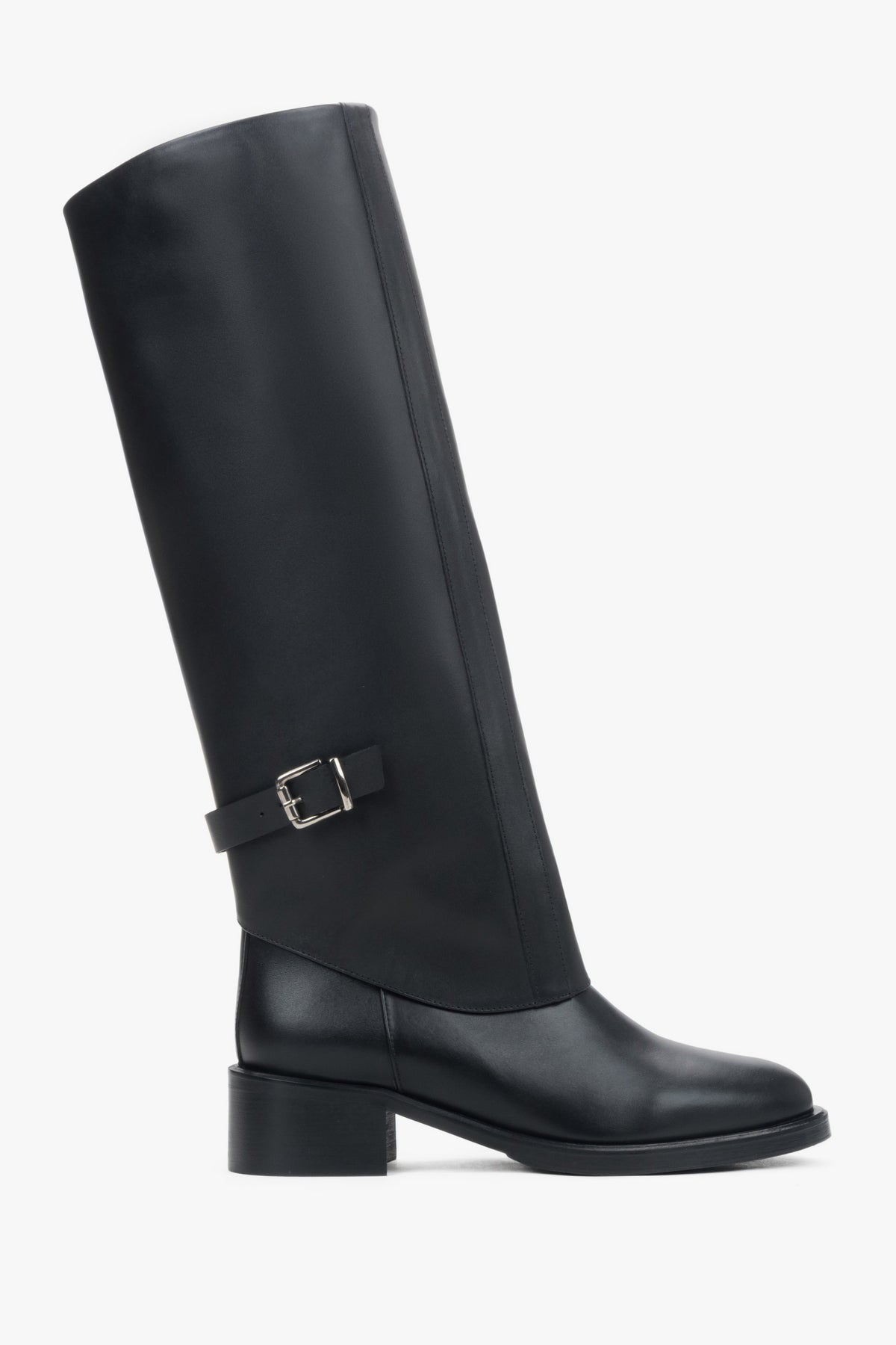 Women’s 2-in-1 Black Leather Ankle and Knee-High Boots with Decorative Buckle Estro ER00118739.