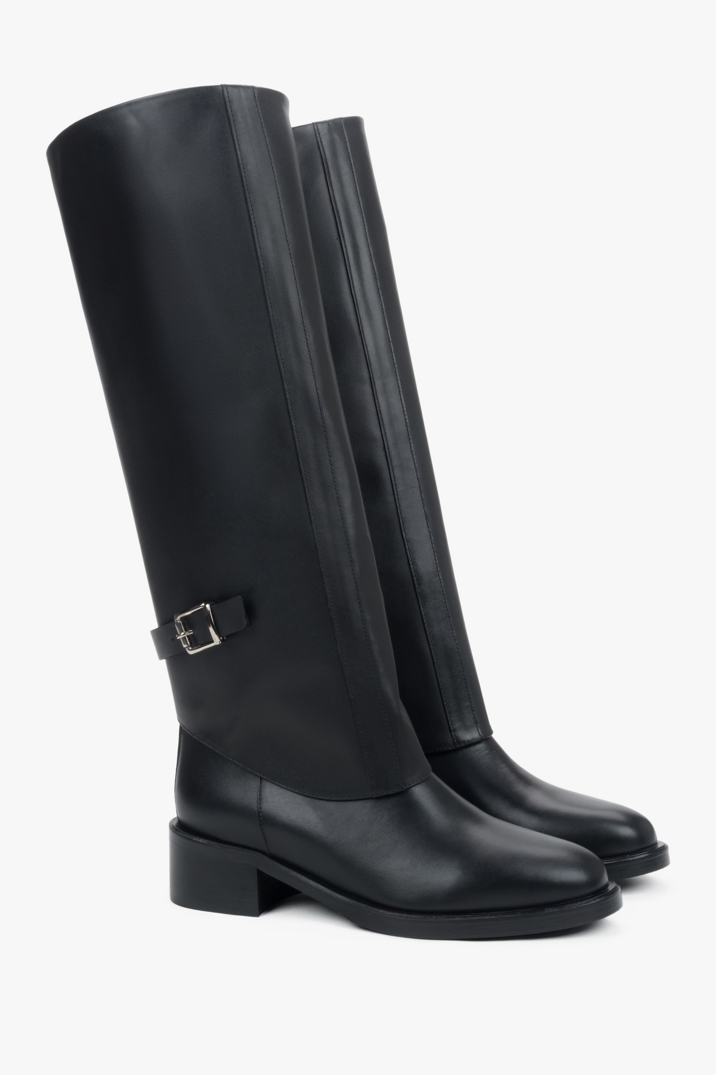 Genuine leather, women’s black 2-in-1 ankle and knee-high boots with decorative buckle by Estro.