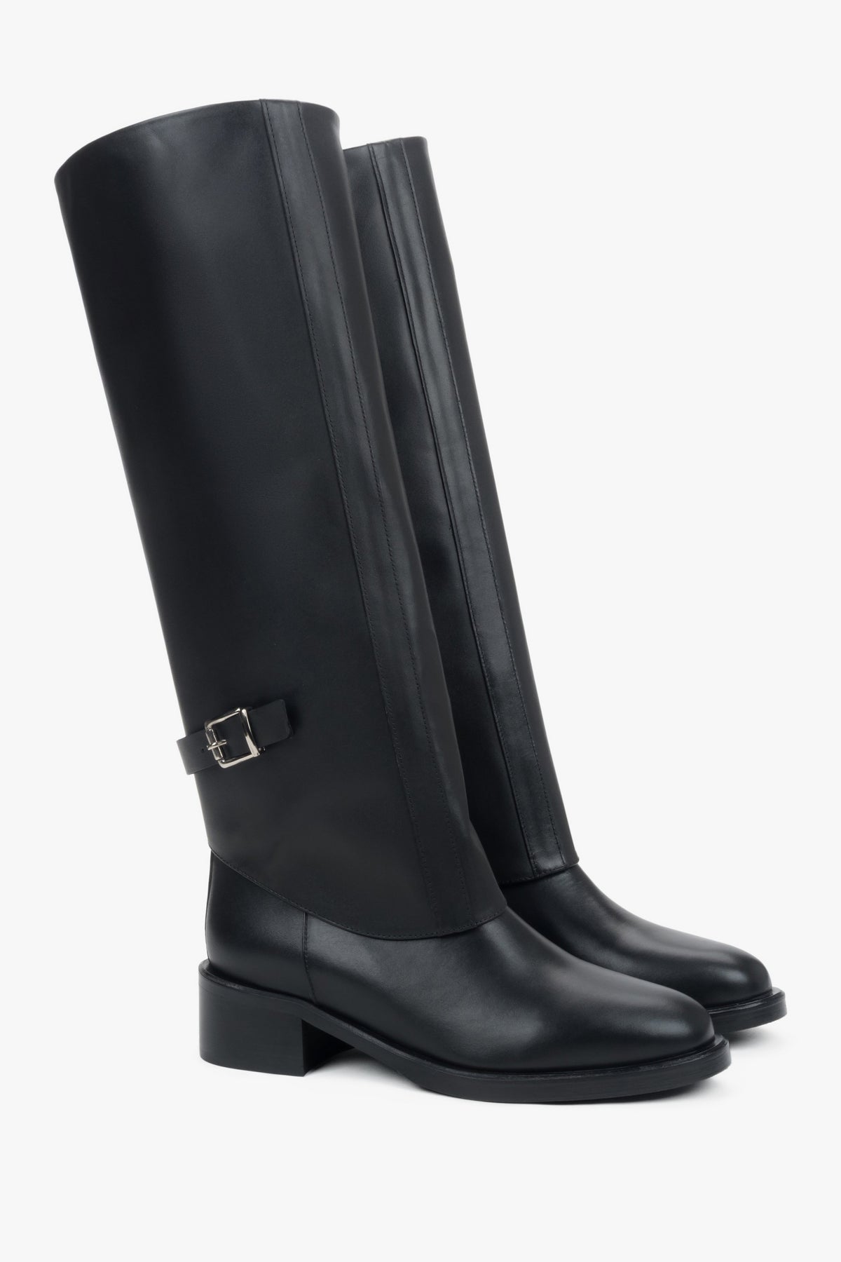 Genuine leather, women’s black 2-in-1 ankle and knee-high boots with decorative buckle by Estro.