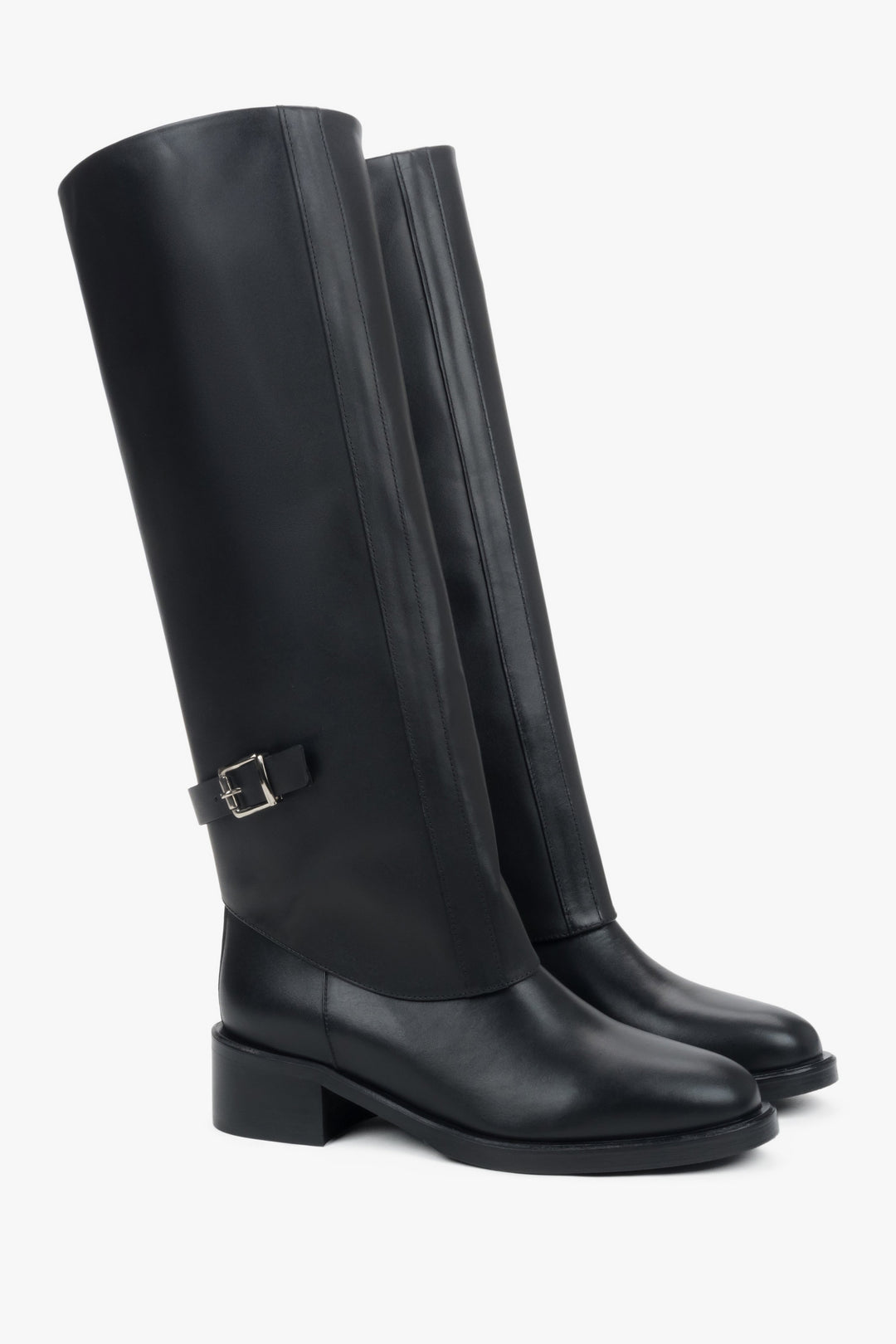 Genuine leather, women’s black 2-in-1 ankle and knee-high boots with decorative buckle by Estro.