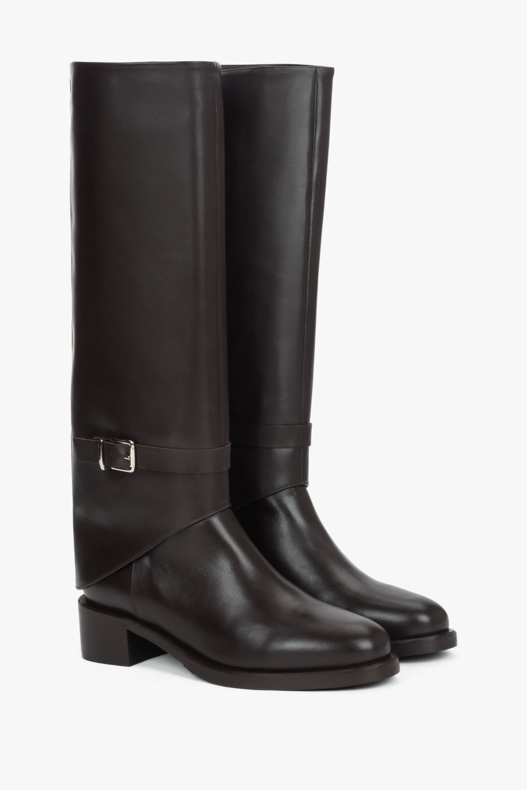 Genuine leather, women’s dark brown 2-in-1 ankle and knee-high boots with decorative buckle by Estro.