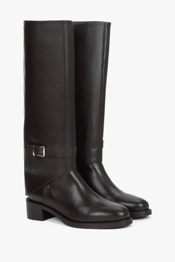 Genuine leather, women’s dark brown 2-in-1 ankle and knee-high boots with decorative buckle by Estro.